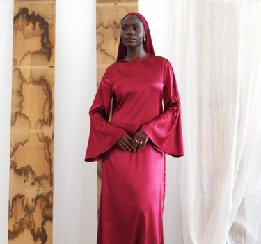 WINE RED FLARED SLEEVE DRESS